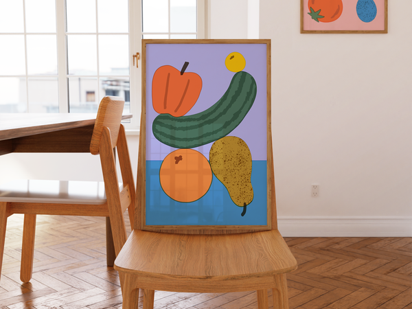 FRUIT BALANCE 1 by Elena Boils | DeCasa -海外アートポスターのセレクトショップ | インテリアアート | カラフルアート | 海外ポスター | メキシコ | フルーツ | 野菜 | レッド | ブルー | パープル | オレンジ | おしゃれポスター