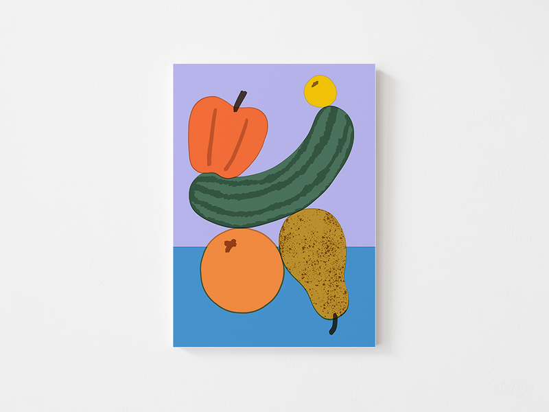 FRUIT BALANCE 1 by Elena Boils | DeCasa -海外アートポスターのセレクトショップ | インテリアアート | カラフルアート | 海外ポスター | メキシコ | フルーツ | 野菜 | レッド | ブルー | パープル | オレンジ | おしゃれポスター