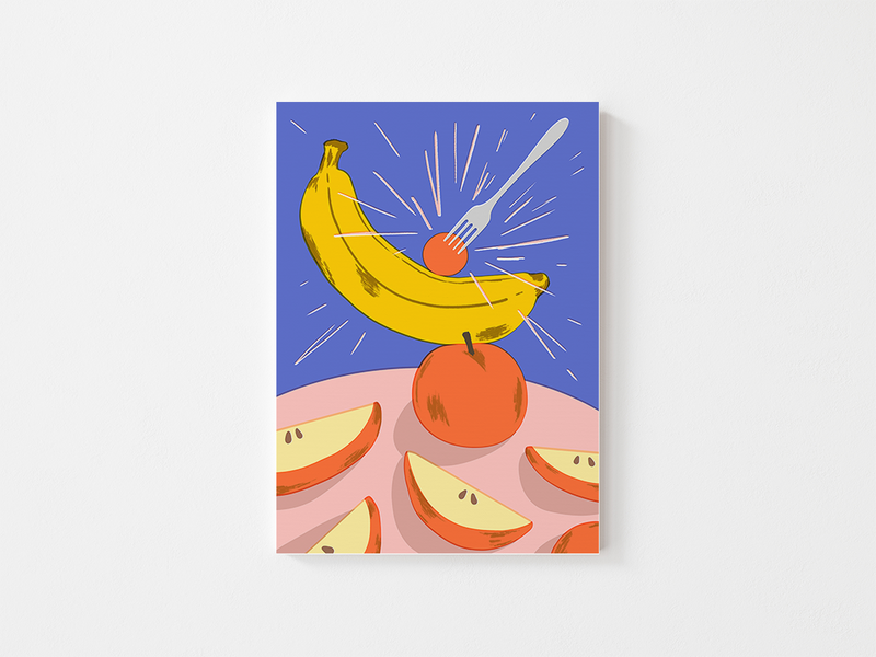 APPLES & BANANA by Elena Boils | DeCasa -海外アートポスターのセレクトショップ | インテリアアート | カラフルアート | 海外ポスター | メキシコ | フルーツ | りんご | バナナ | ピンク | イエロー | パープル | おしゃれポスター