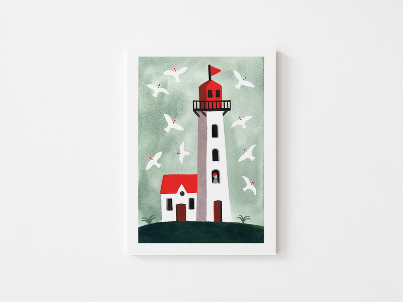 Phare by Julie Brouant | DeCasa -ヨーロッパのアートポスターショップ | インテリアアート | カラフルアート | 海外ポスター | フランス | ブルターニュ地方 | 灯台 | 鳥 | 海鳥 | レッド | ブルーグリーン | 風景 | 旅行 | おしゃれポスター | 可愛い