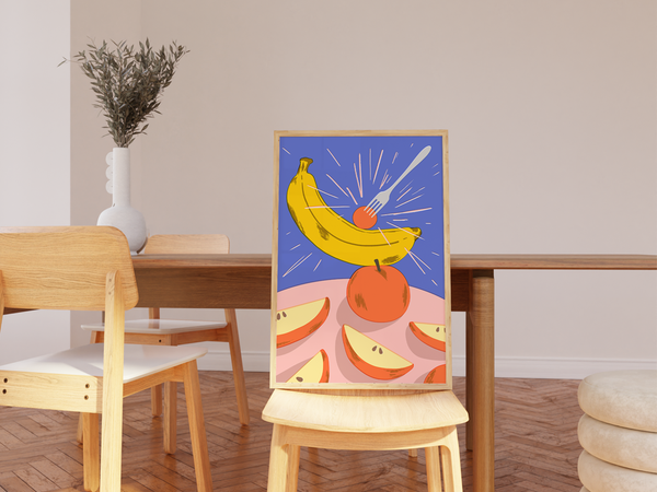 APPLES & BANANA by Elena Boils | DeCasa -海外アートポスターのセレクトショップ | インテリアアート | カラフルアート | 海外ポスター | メキシコ | フルーツ | りんご | バナナ | ピンク | イエロー | パープル | おしゃれポスター