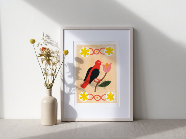 Oiseau by Julie Brouant | DeCasa -ヨーロッパのアートポスターショップ | インテリアアート | カラフルアート | 海外ポスター | フランス | パリ | 動物 | アニマル | 鳥 | 暖色 | オレンジ | イエロー | フラワー | おしゃれポスター | 可愛い