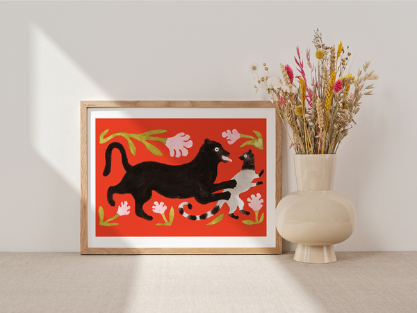 Panthère by Julie Brouant | DeCasa -ヨーロッパのアートポスターショップ | インテリアアート | カラフルアート | 海外ポスター | フランス | パリ | 動物 | アニマル | キツネザル | パンサー | 暖色 | レッド | ブラック | フラワー |おしゃれポスター | 可愛い