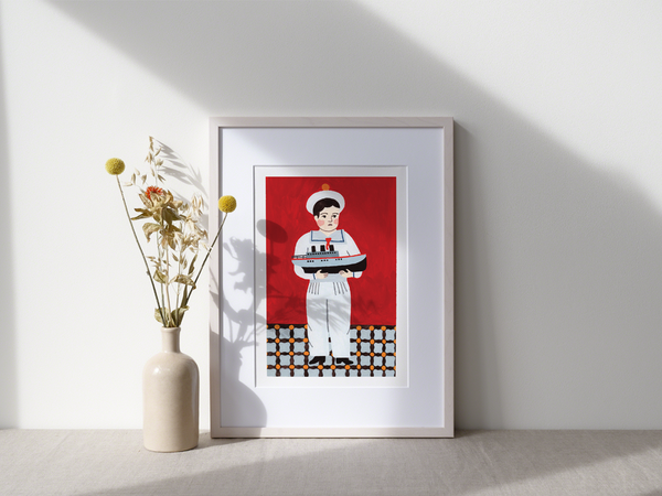 Matelot by Julie Brouant | DeCasa -ヨーロッパのアートポスターショップ | インテリアアート | カラフルアート | 海外ポスター | フランス | パリ | 海 | 冒険 | 船乗り | レッド | ブルー | 船 | 航海 | おしゃれポスター | 可愛い