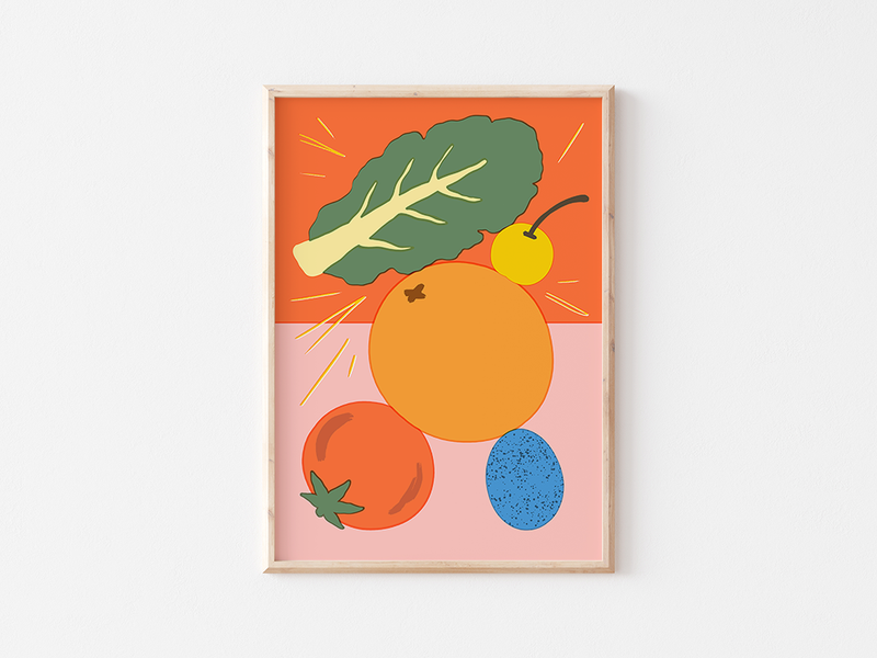 FRUIT BALANCE 3 by Elena Boils | DeCasa -海外アートポスターのセレクトショップ | インテリアアート | カラフルアート | 海外ポスター | メキシコ | フルーツ | 野菜 | レッド | ブルー | ピンク | オレンジ | おしゃれポスター
