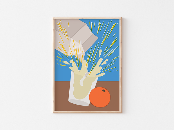 THE MILK! by Elena Boils | DeCasa -海外アートポスターのセレクトショップ | インテリアアート | カラフルアート | 海外ポスター | メキシコ | フルーツ | オレンジ | ミルク | 牛乳 | ブルー | ブラウン | おしゃれポスター