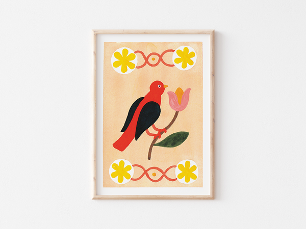 Oiseau by Julie Brouant | DeCasa -ヨーロッパのアートポスターショップ | インテリアアート | カラフルアート | 海外ポスター | フランス | パリ | 動物 | アニマル | 鳥 | 暖色 | オレンジ | イエロー | フラワー | おしゃれポスター | 可愛い