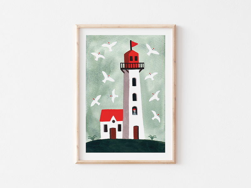 Phare by Julie Brouant | DeCasa -ヨーロッパのアートポスターショップ | インテリアアート | カラフルアート | 海外ポスター | フランス | ブルターニュ地方 | 灯台 | 鳥 | 海鳥 | レッド | ブルーグリーン | 風景 | 旅行 | おしゃれポスター | 可愛い