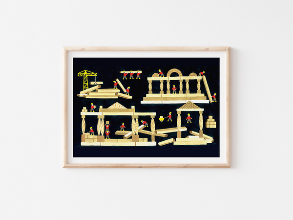 Chantier by Julie Brouant | DeCasa -ヨーロッパのアートポスターショップ | インテリアアート | カラフルアート | 海外ポスター | フランス | パリ | 小人 | 木造 | 建築 | 建築現場 | 職人 | 匠 | 木 | 想像力 | ブラック |おしゃれポスター | 可愛い