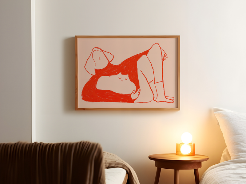 Red Jumper by Cinzia Franceschini | DeCasa -ヨーロッパのアート＆ポスターセレクトショップ | インテリアアート | 海外ポスター | モダンアート | おしゃれポスター | おうち時間 | 猫 | レッド | ピンク | ミニマル | イタリア | ローマ