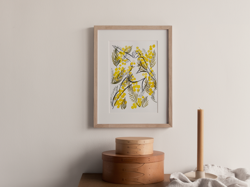 Mimosa print by Liv & Dom | DeCasa -ヨーロッパのアート＆ポスターショップ | インテリアアート | カラフルアート | 海外ポスター | モダンアート | おしゃれポスター | 女性 | イラスト | ラインアート | お花 | ナチュラル | ミモザ