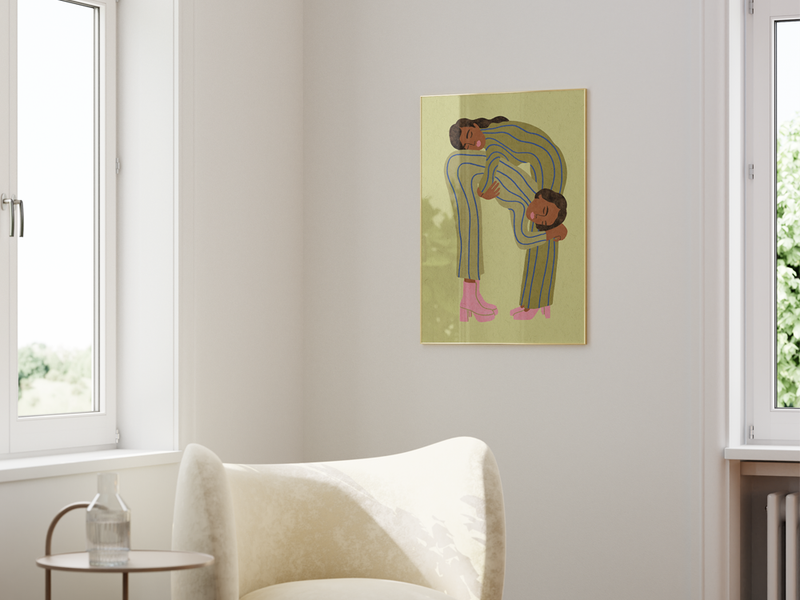 I hold you tight by Feline Pessey | DeCasa -ヨーロッパのアート＆ポスターセレクトショップ | インテリアアート | 海外ポスター | モダンアート | おしゃれポスター | ファッション | イラスト | 女性 | 友情 | グリーン | ピスタチオカラー