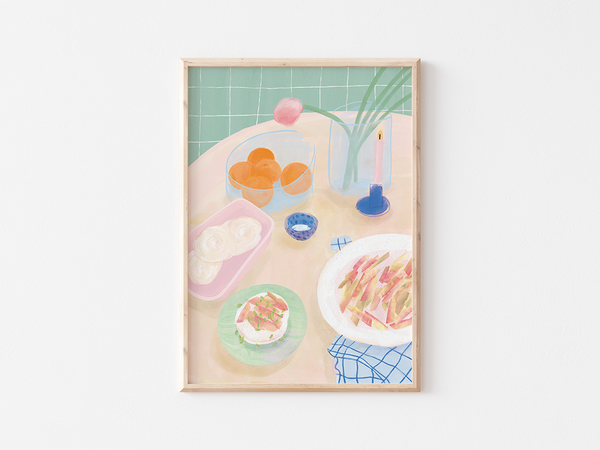 Still Life Rhubarb by Frauke Schyroki | DeCasa -ヨーロッパのアート＆ポスターセレクトショップ | インテリアアート | カラフルアート | 海外ポスター | モダンアート | フルーツ | ルバーブ | パステル | お花 | 食べ物 | おしゃれポスター