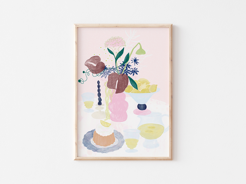 Lemon Still Life by Frauke Schyroki | DeCasa -ヨーロッパのアート＆ポスターセレクトショップ | インテリアアート | カラフルアート | 海外ポスター | モダンアート | レモン | ケーキ | パステル | お花 | 食べ物 | おしゃれポスター
