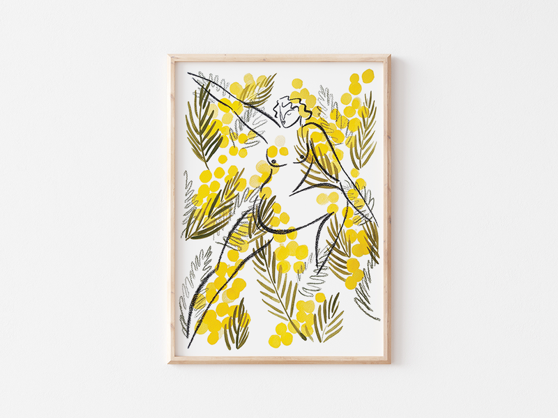 Mimosa print by Liv & Dom | DeCasa -ヨーロッパのアート＆ポスターショップ | インテリアアート | カラフルアート | 海外ポスター | モダンアート | おしゃれポスター | 女性 | イラスト | ラインアート | お花 | ナチュラル | ミモザ